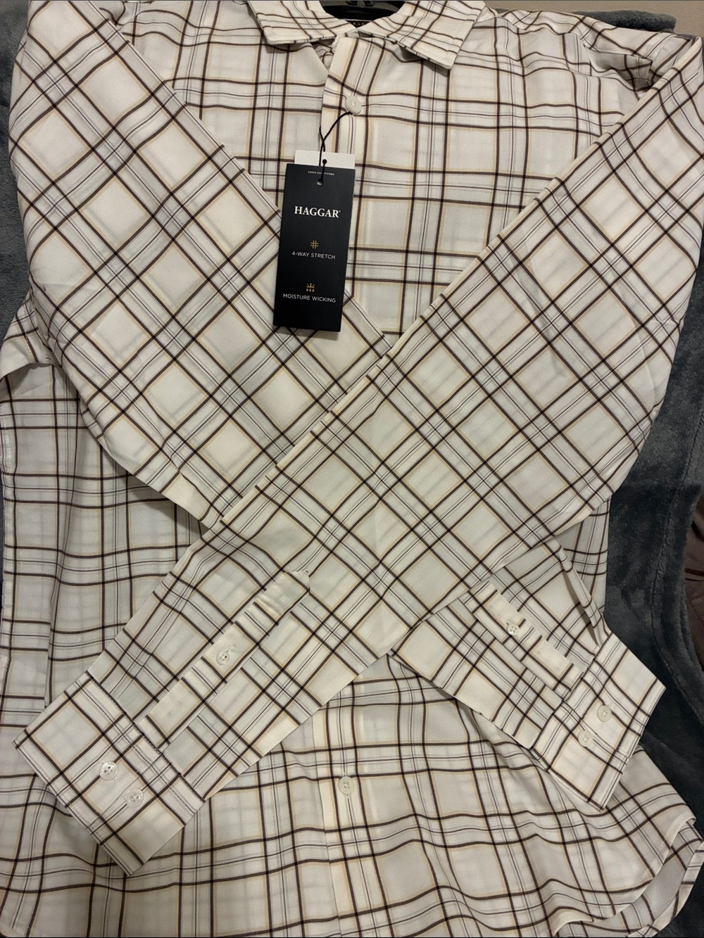 Haggar Neutral Plaid Button-Up Shirt in Cream and Brown